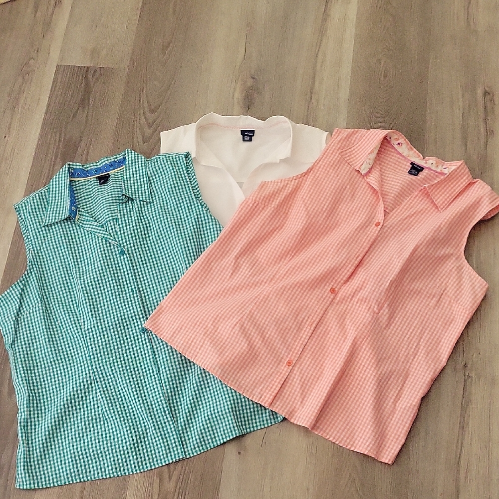 Basic Editions Gingham Sleeveless Tops (3) - Green, Orange, White XXL